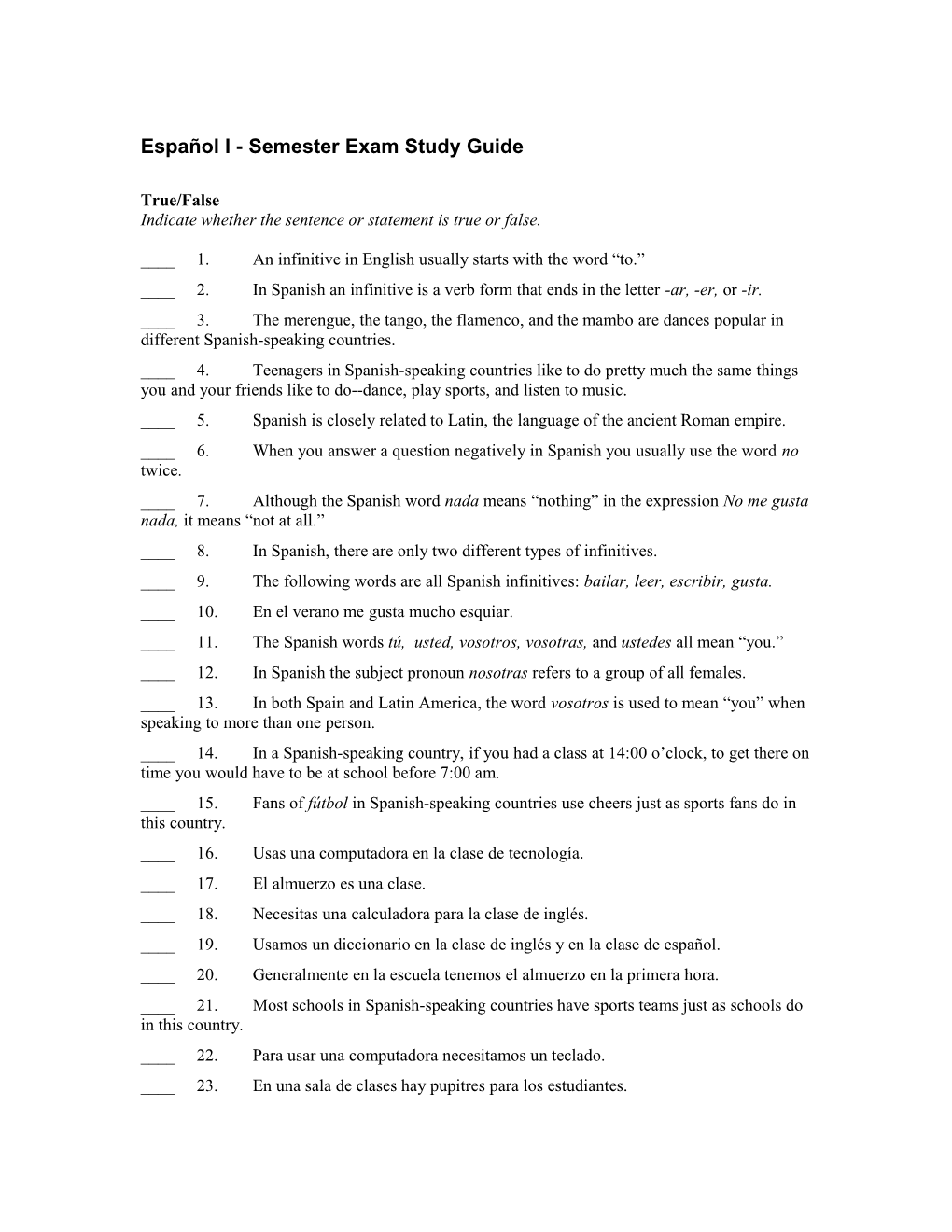 Español I - Semester Exam Study Guide