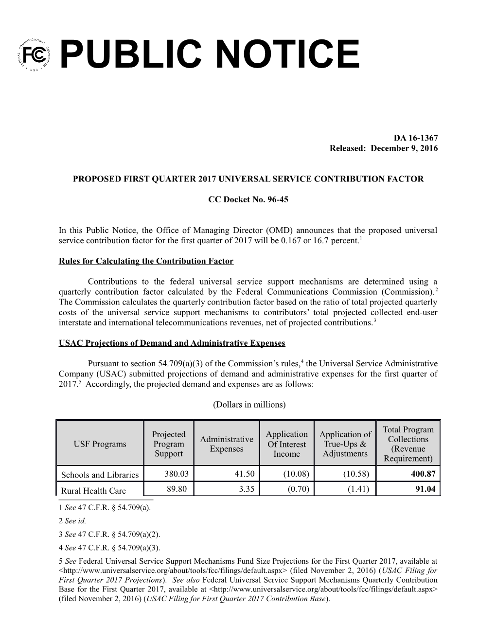 Proposed First Quarter 2017 Universal Service Contribution Factor