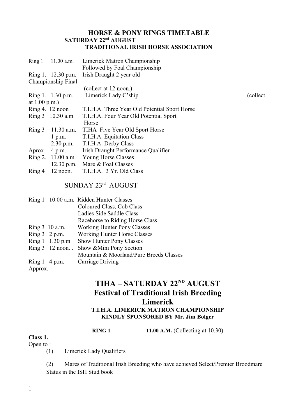 Horse & Pony Rings Timetable