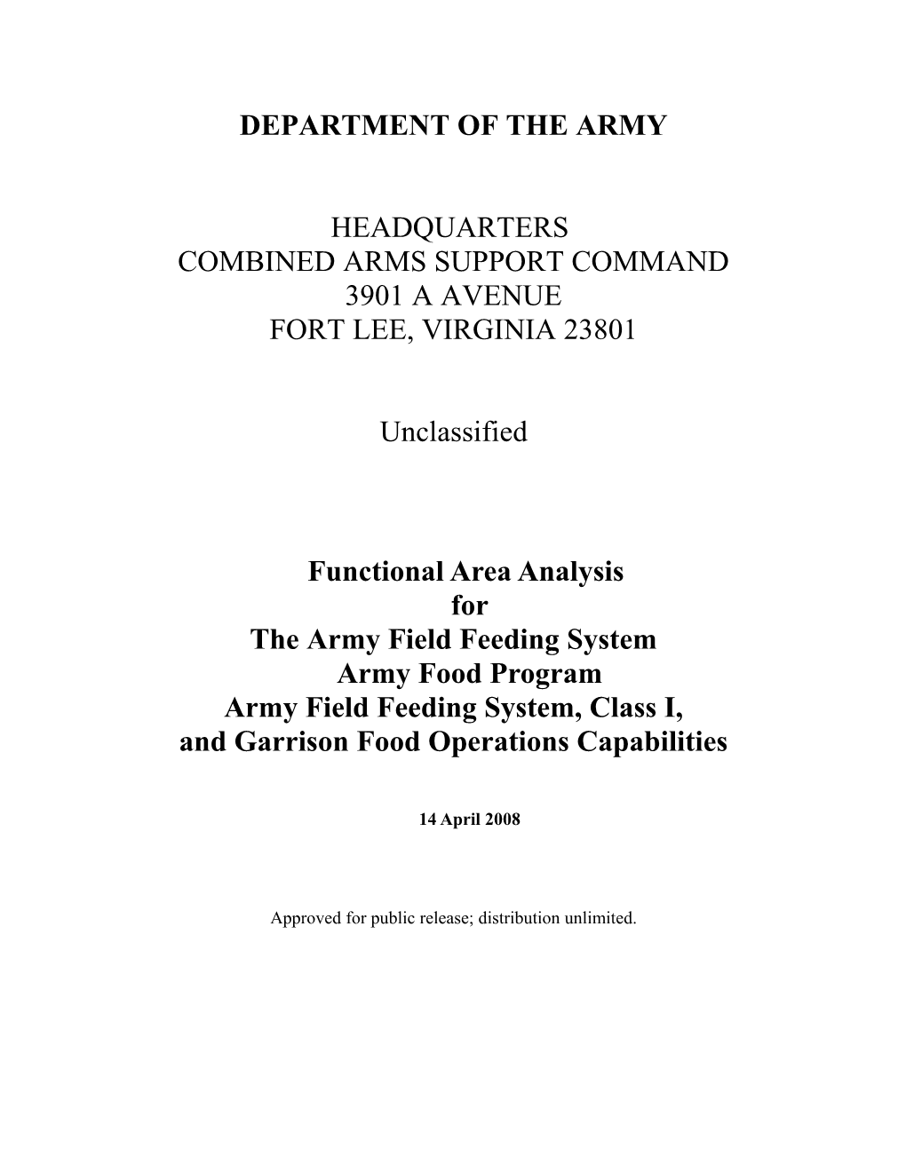 Army Food Program (AFP) FAA