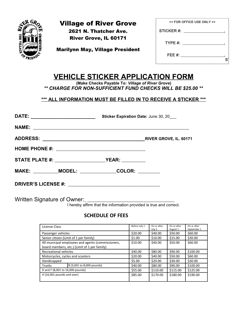 Vehicle Sticker Application Form