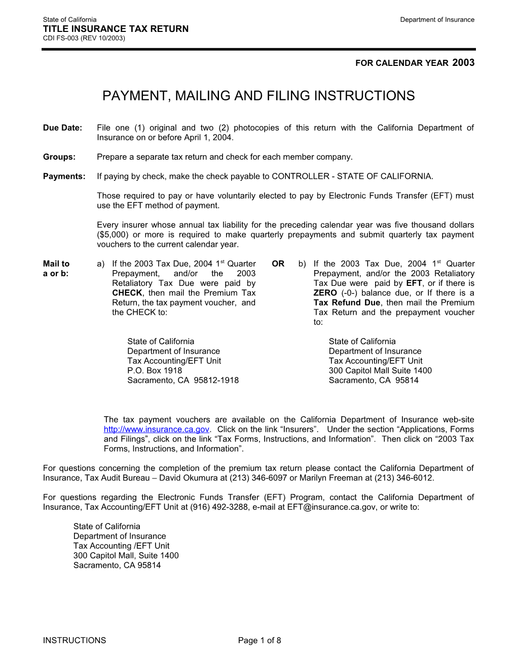 Payment, Mailing and Filing Instructions