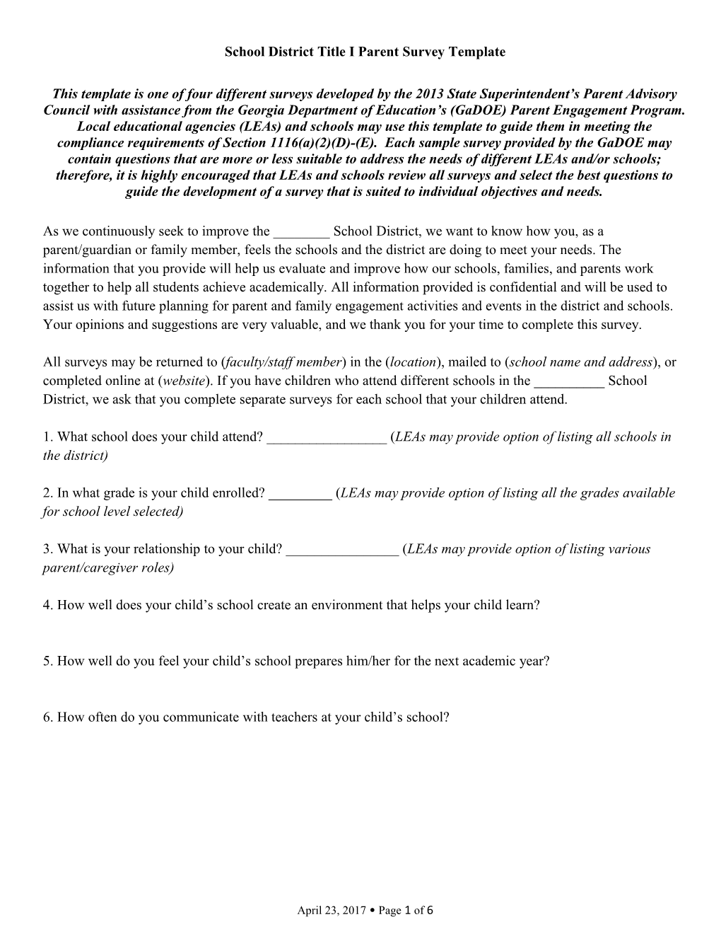 School District Title I Parent Survey Template