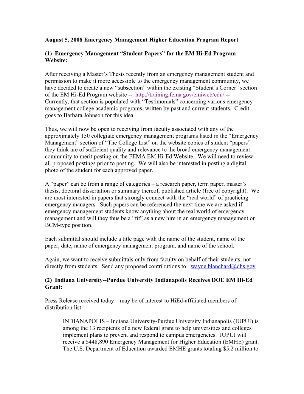 August 5, 2008 Emergency Management Higher Education Program Report