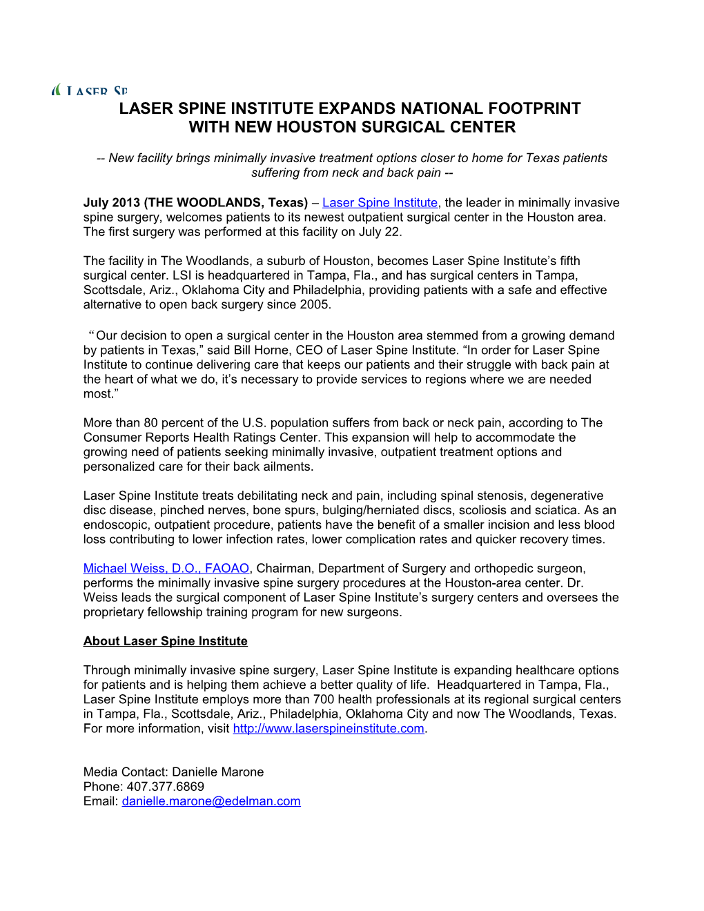 Laser Spine Institute Expands National Footprint