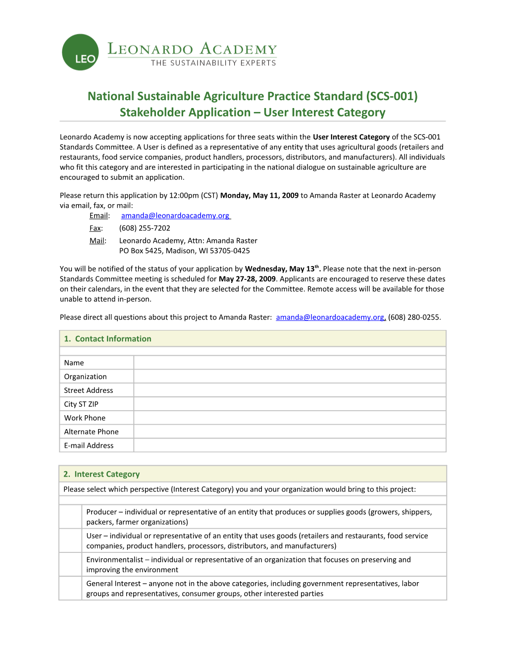 Sustainable Agriculture Standard Stakeholder Application