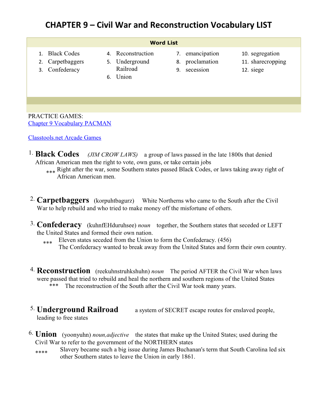 CHAPTER 9 Civil War and Reconstruction Vocabulary LIST