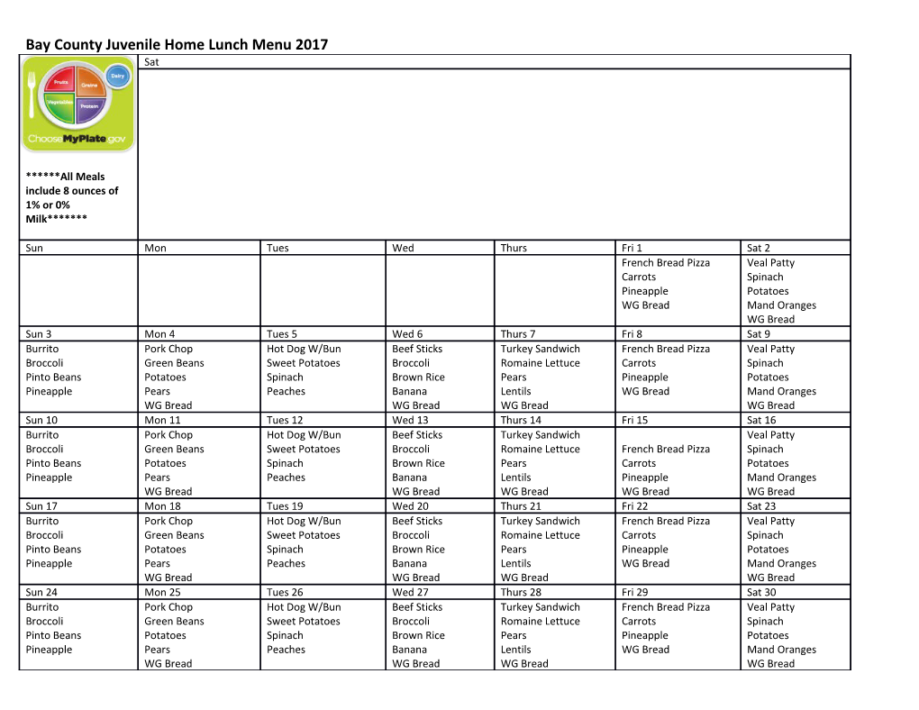 Bay County Juvenile Home Lunch Menu 2017