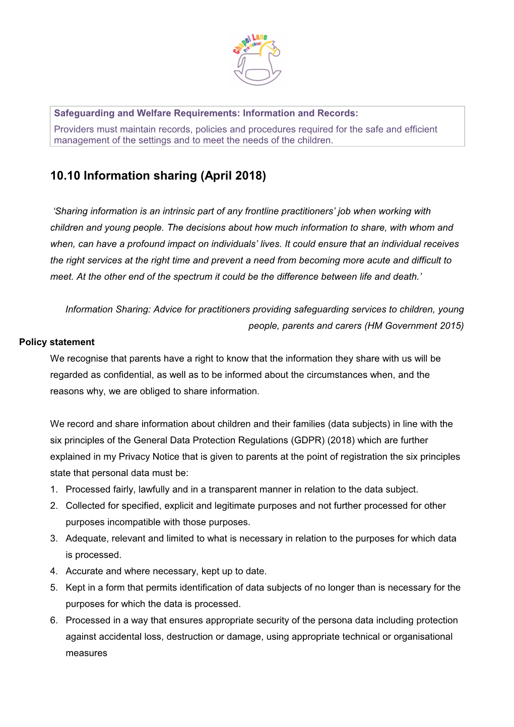 Safeguarding and Welfare Requirements: Information and Records