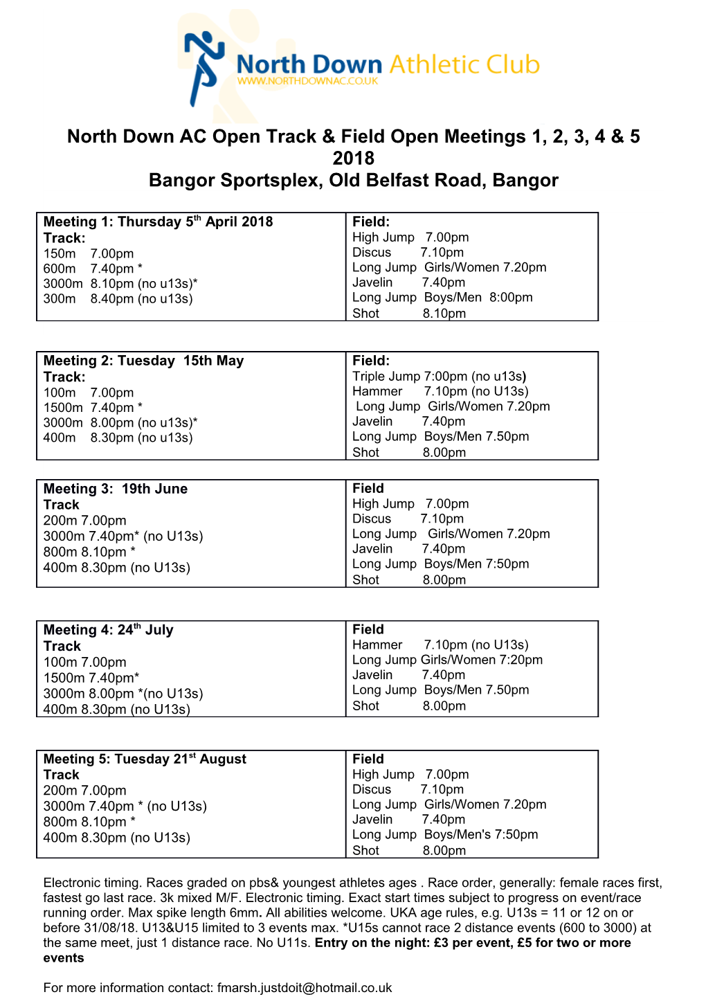 North Down AC Open Track & Field Open Meetings 1, 2, 3,4 & 5