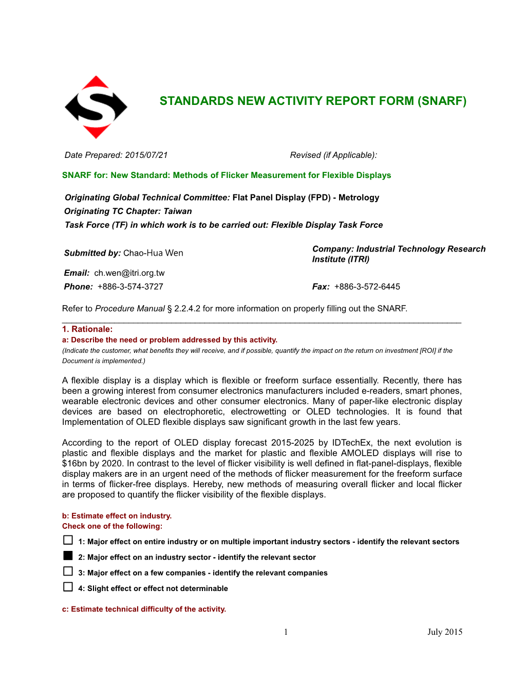 SNARF For: New Standard: Methods of Flicker Measurement for Flexible Displays