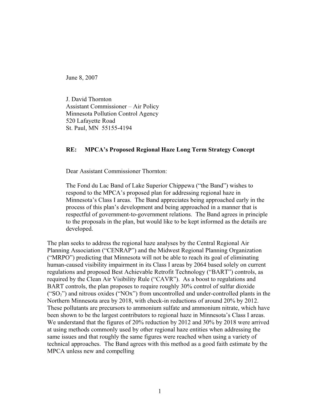 RE: MPCA S Proposed Regional Haze Long Term Strategy Concept