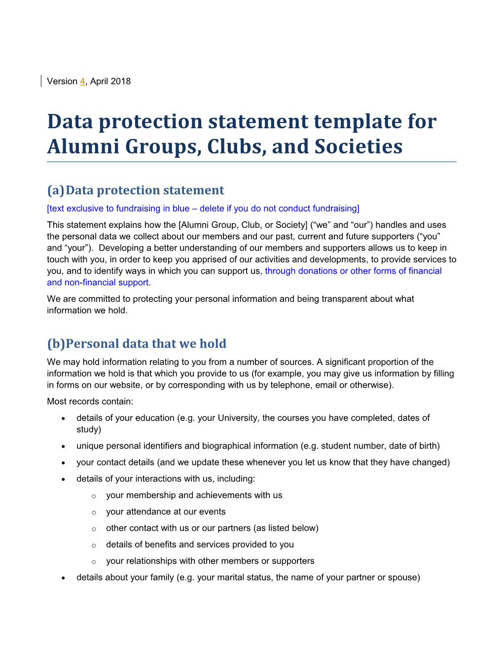 Data Protection Statement Template for Alumni Groups, Clubs, and Societies
