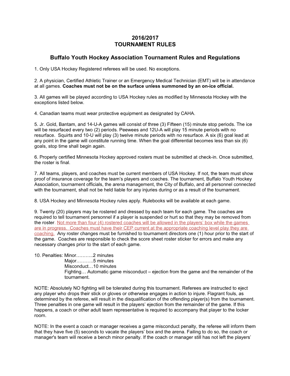 Buffalo Youth Hockey Association Tournament Rules and Regulations