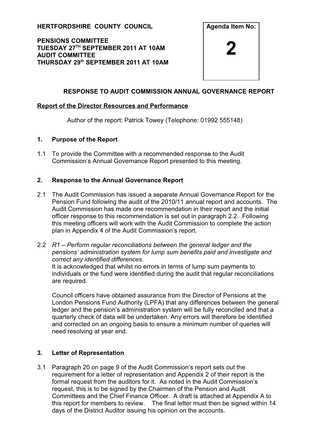 Response to Audit Commission Annual Governance Report