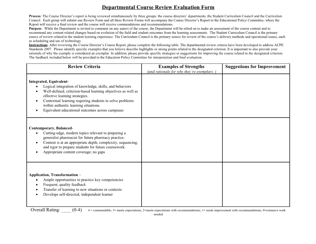 DRAFT Departmental Course Review Evaluation Form