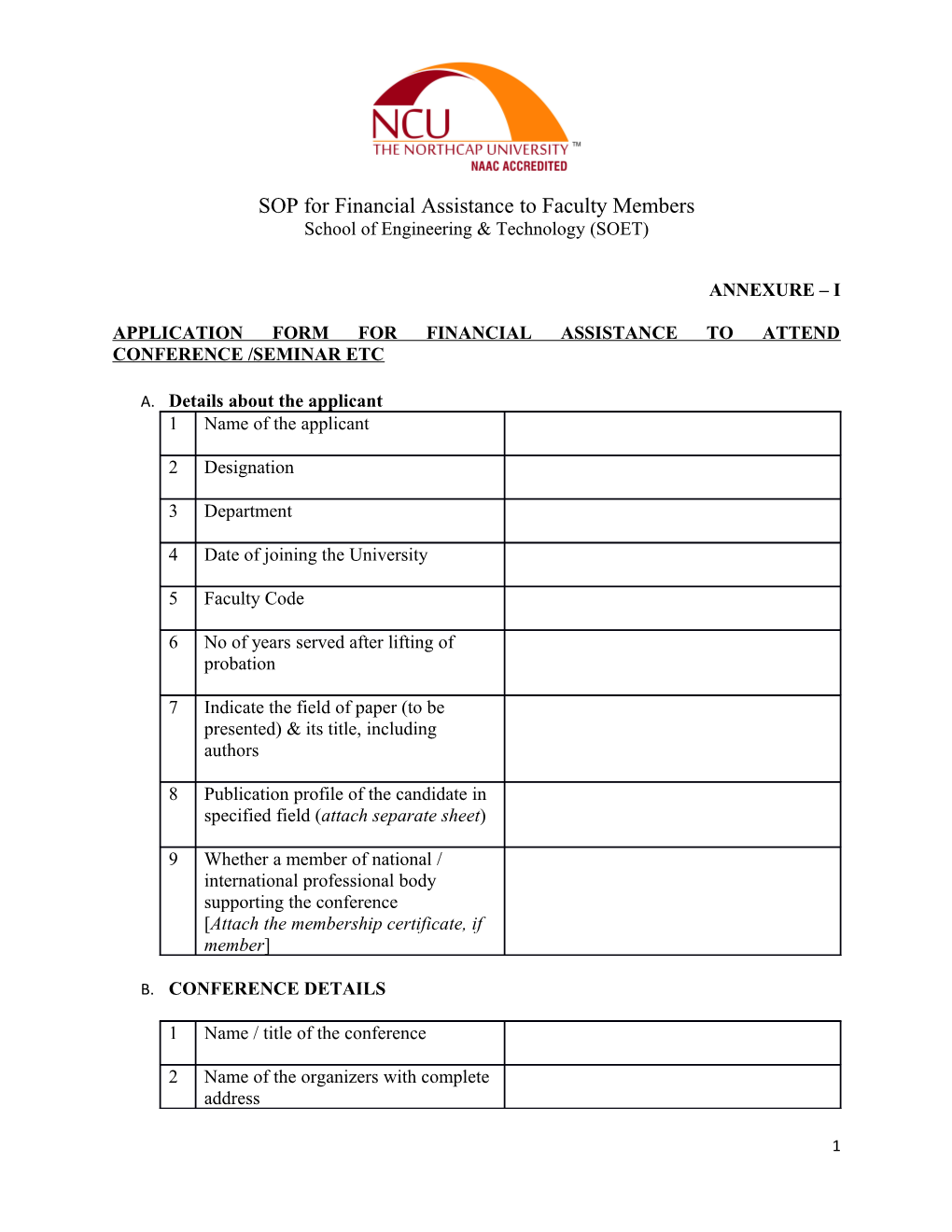 Application Form for Financial Assistance to Attend Conference /Seminar Etc