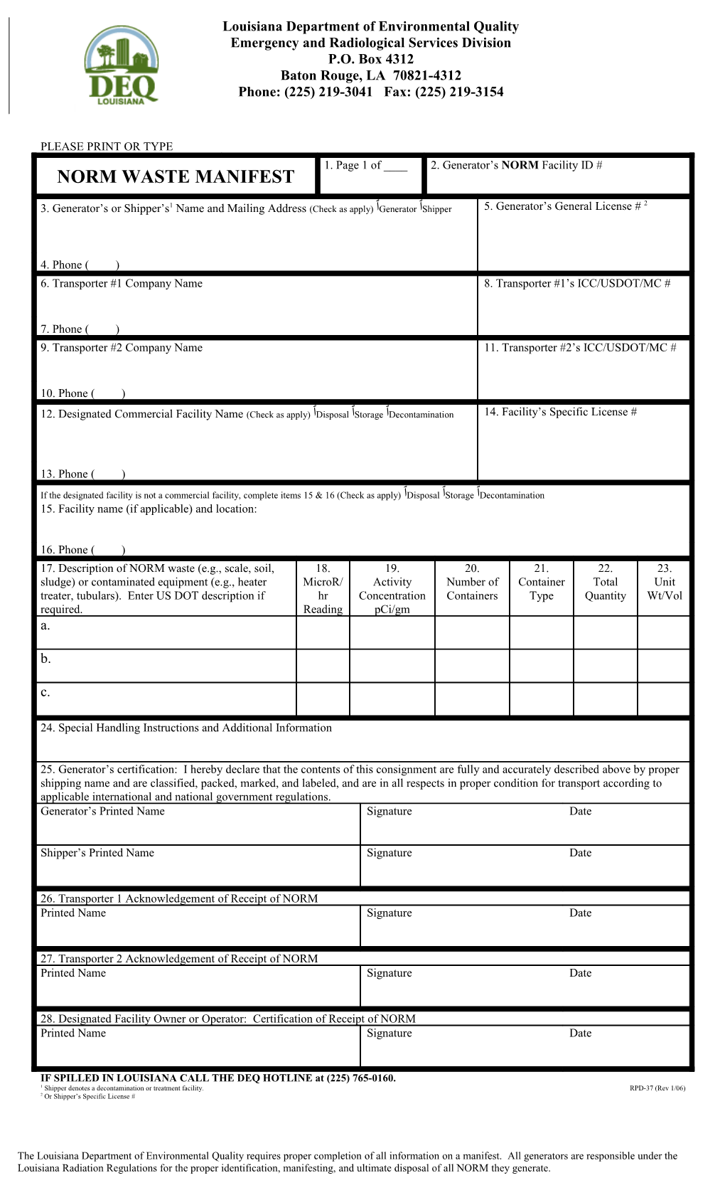 The NORM Waste Manifest Consists of Six Copies