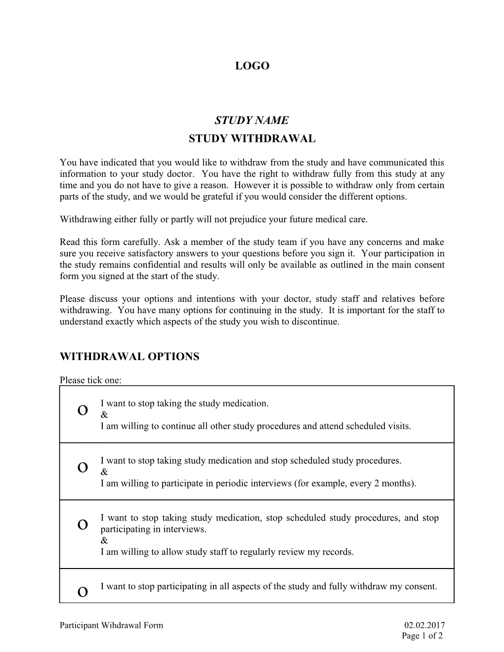 Participant Withdrawal Form