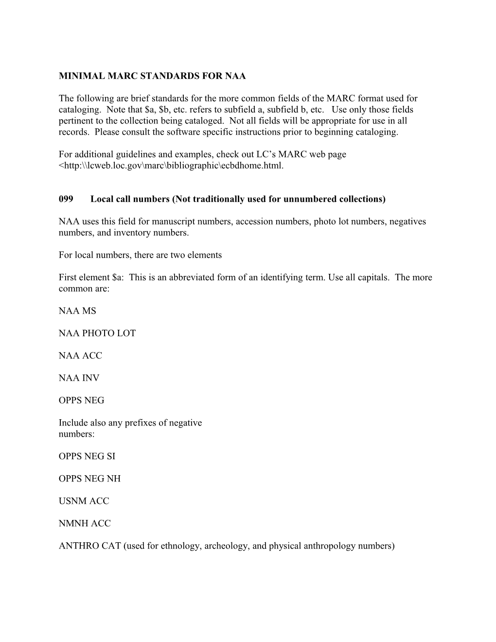 Minimal Marc Standards for Naa