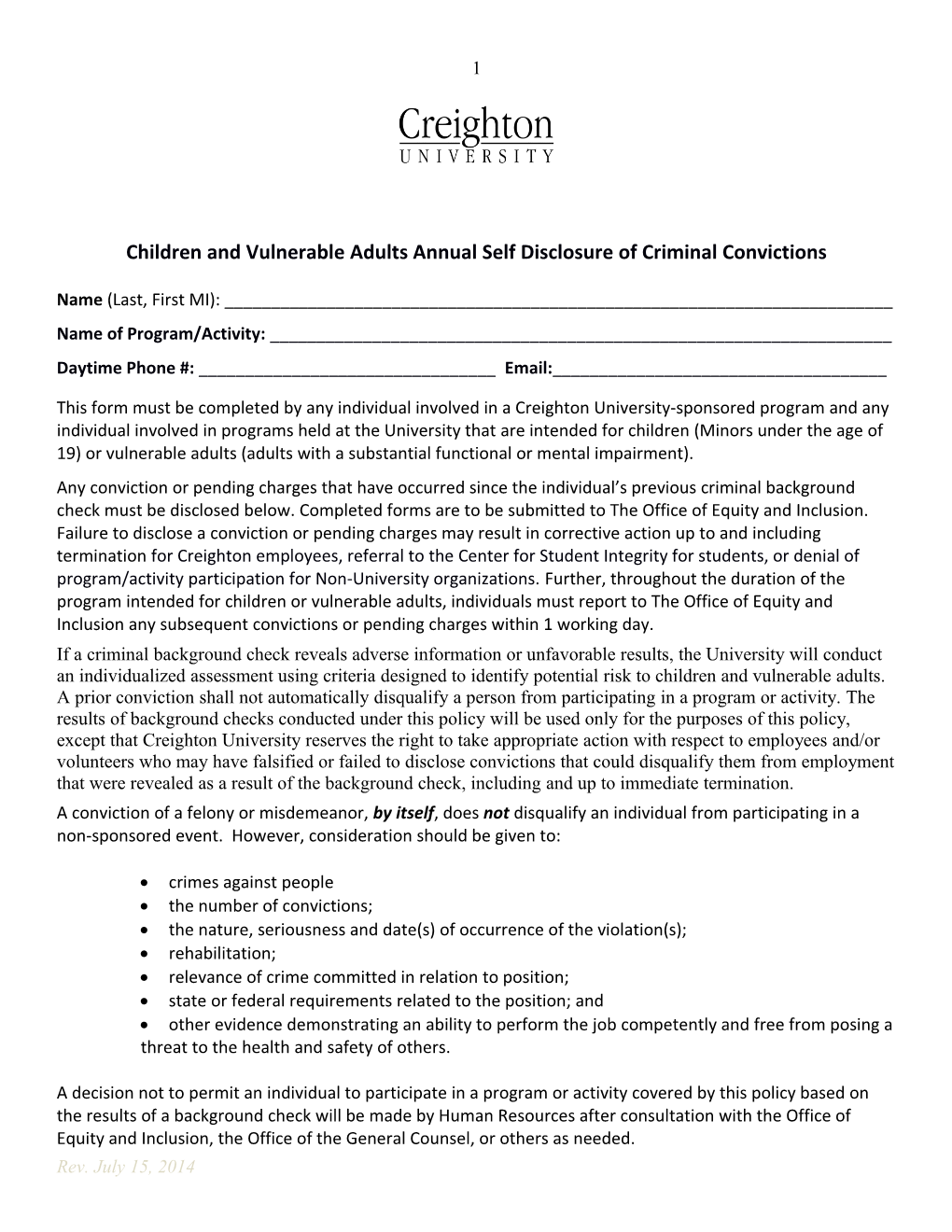 Children and Vulnerable Adults Annual Self Disclosure of Criminal Convictions