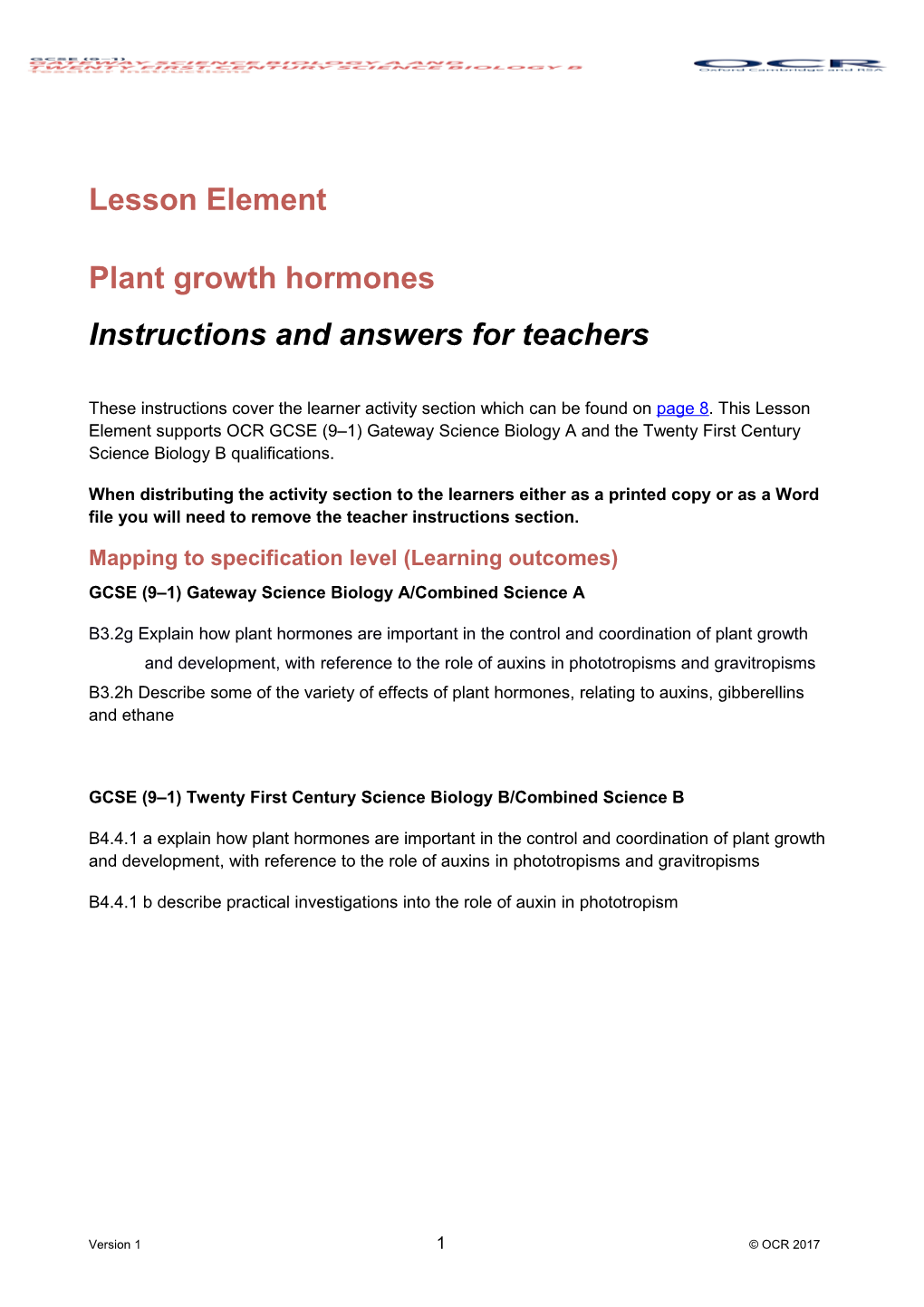 OCR GCSE (9-1) Biology Lesson Element (Plant Growth Hormones)