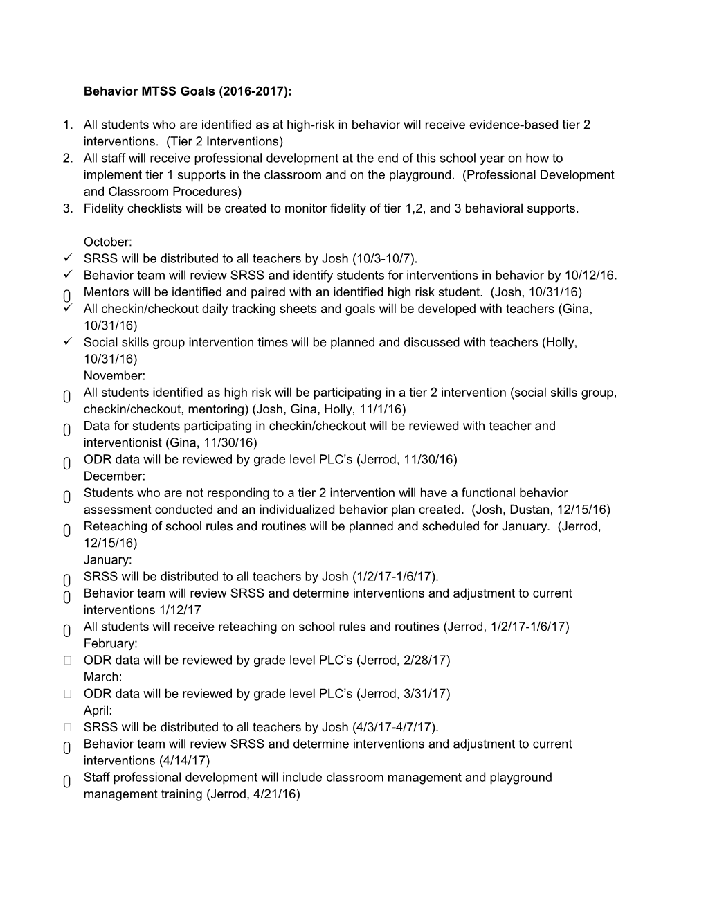 Behavior MTSS Goals (2016-2017)