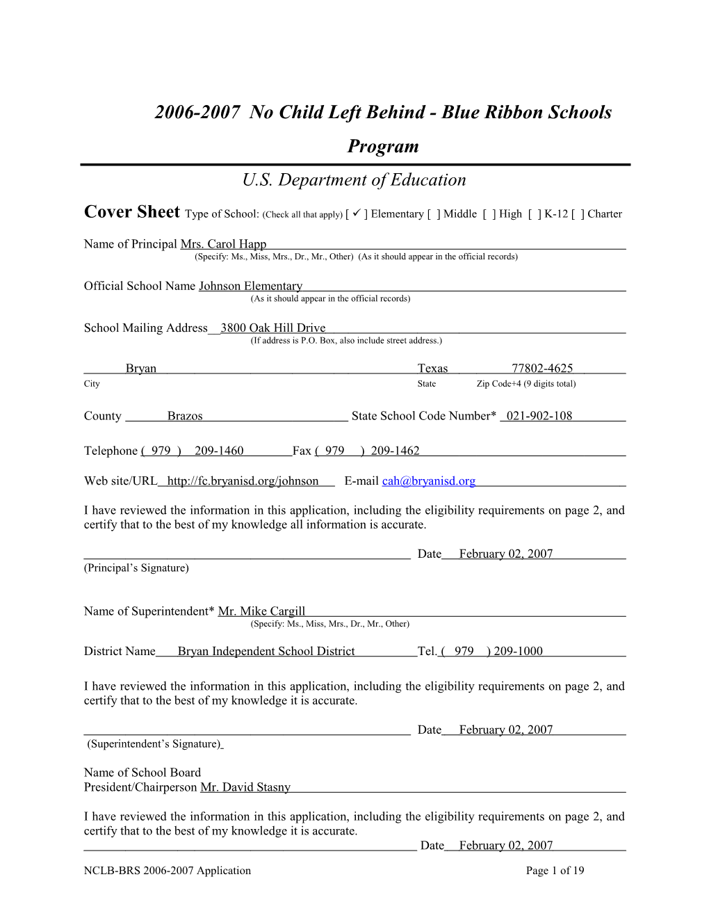 Application: 2006-2007, No Child Left Behind - Blue Ribbon Schools Program (MS Word) s2