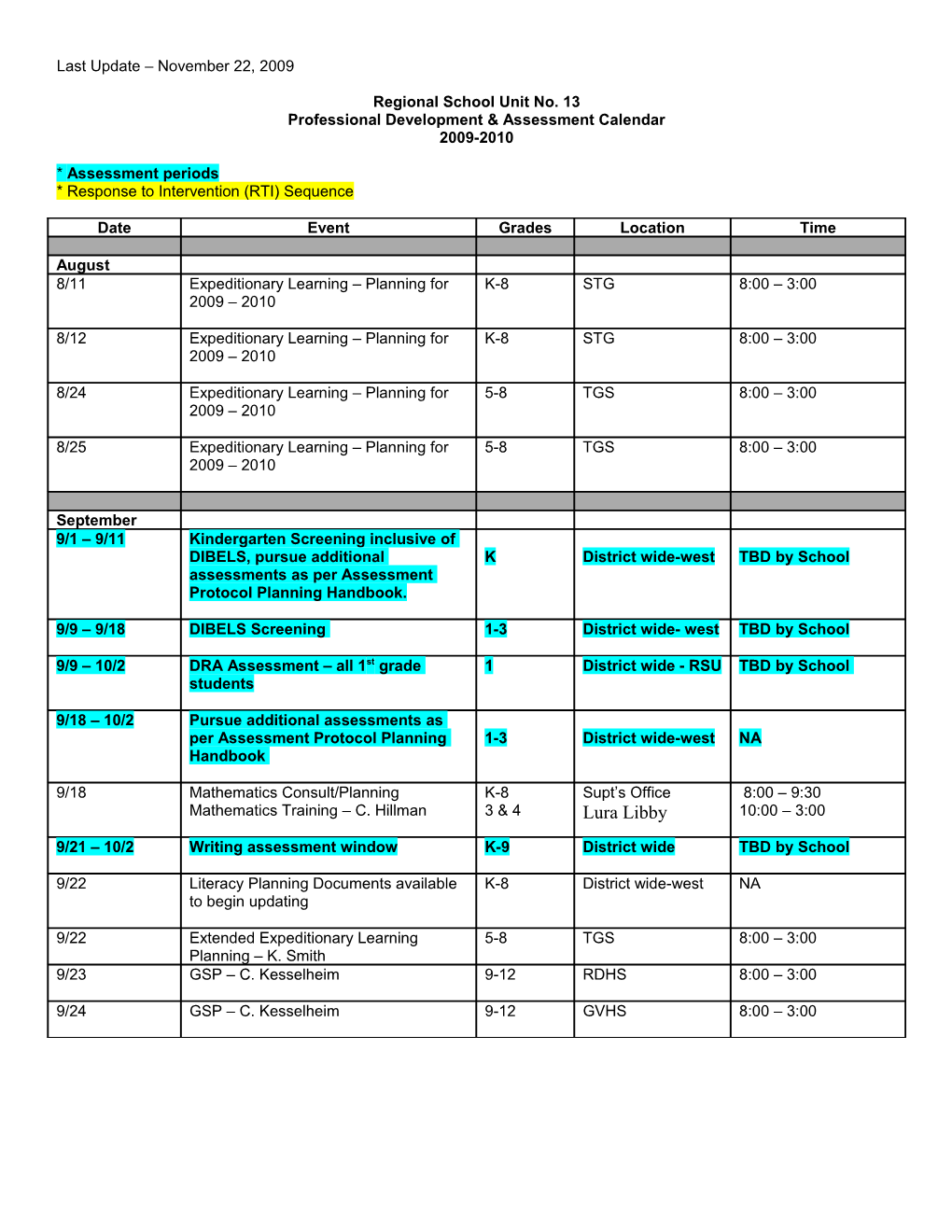 Professional Development & Assessment Calendar