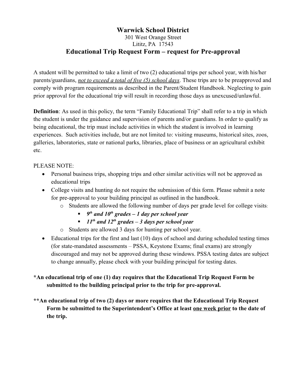 Educational Trip Request Form Request for Pre-Approval