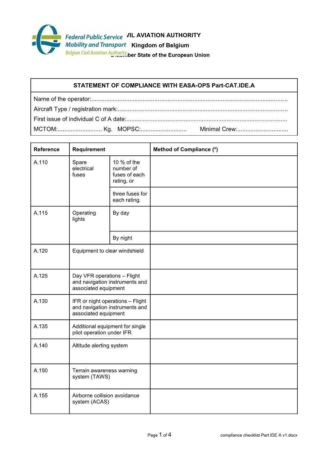 Statement of Compliance Form with Eu-Ops 1 Subparts K and L