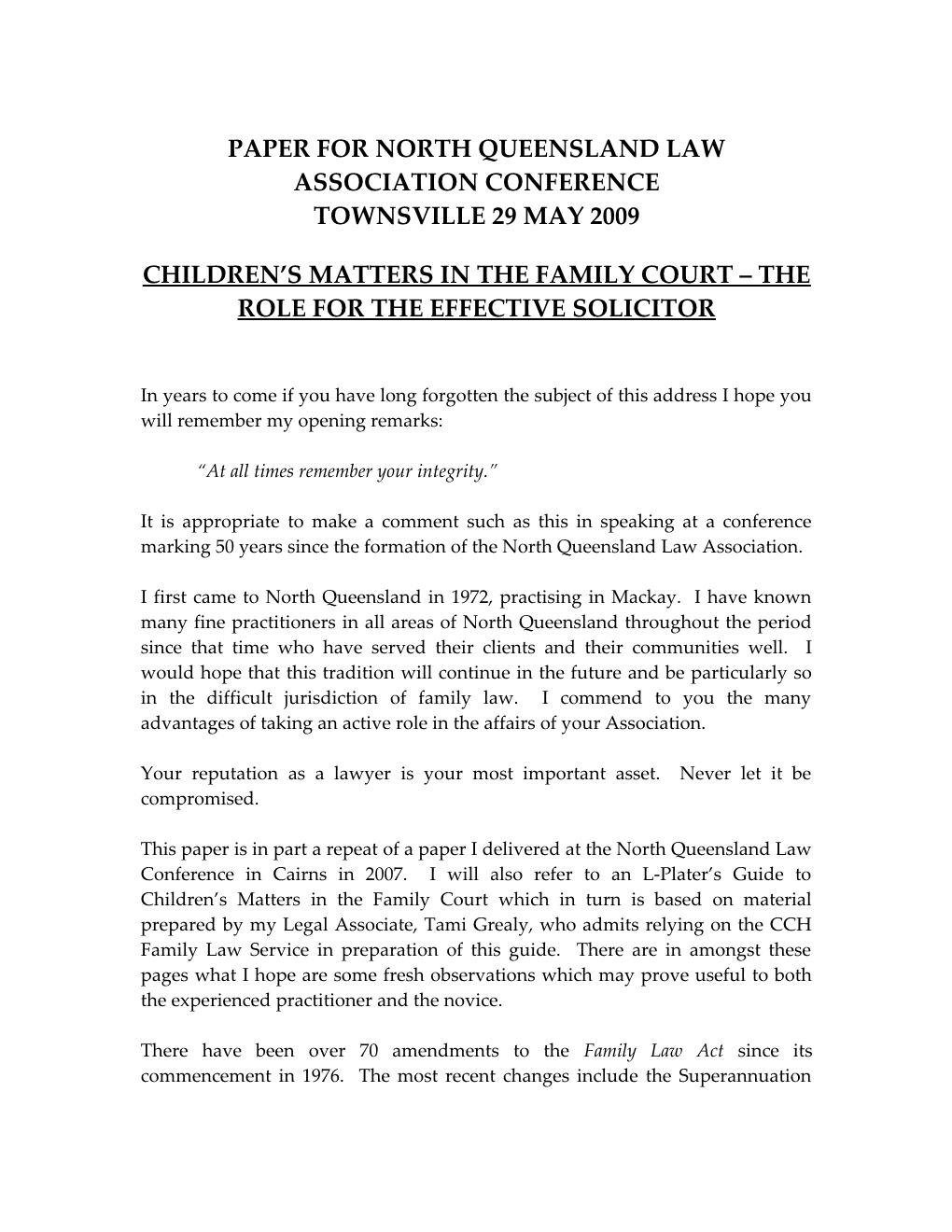 Paper for North Queensland Law Association Conference