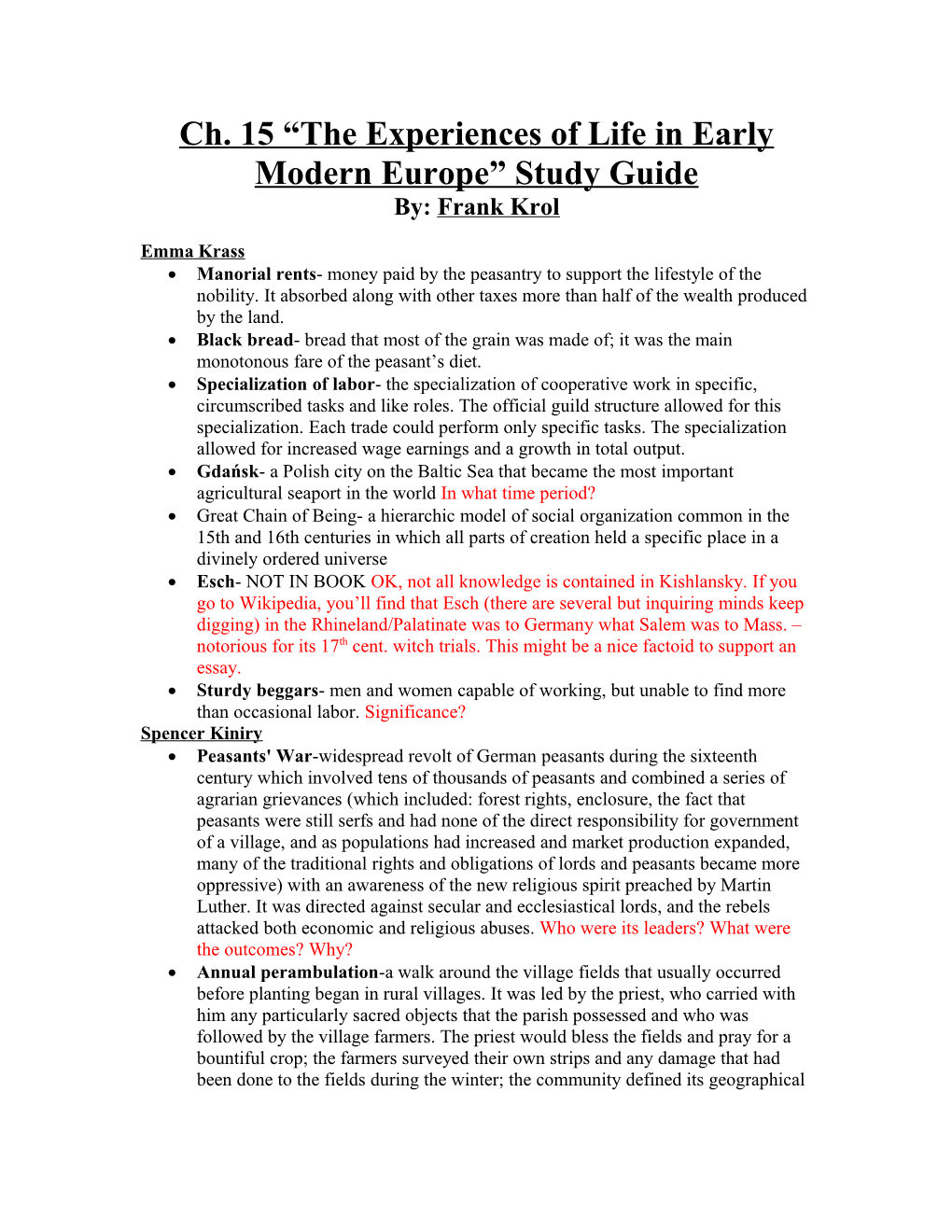 Ch. 15 the Experiences of Life in Early Modern Europe Study Guide
