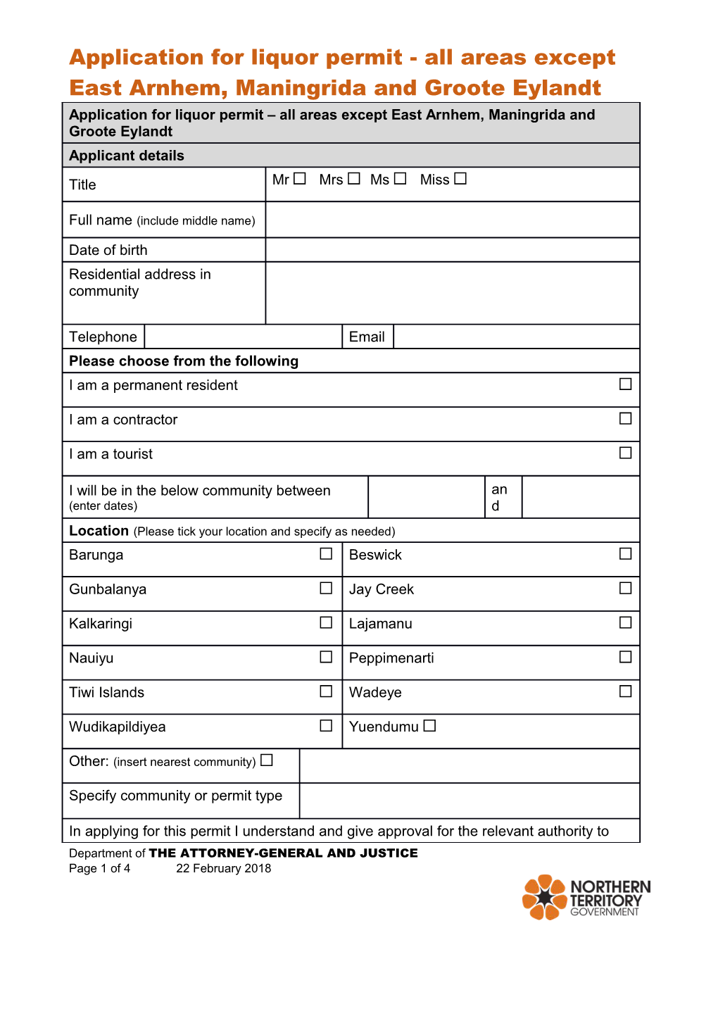 Application for Liquor Permit - All Areas Except East Arnhem, Maningrida and Groote Eylandt