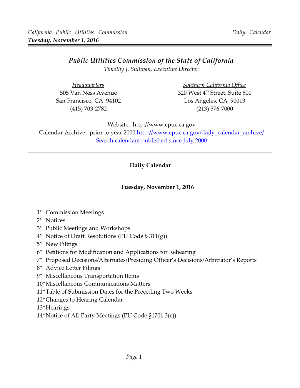 California Public Utilities Commission Daily Calendar Tuesday, November 1, 2016