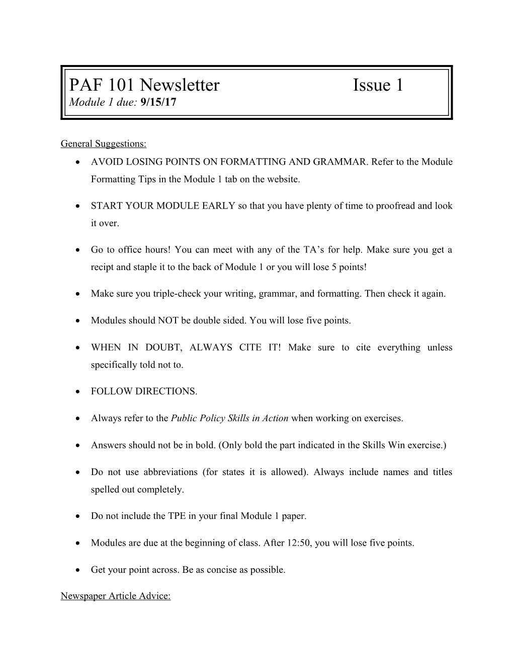 PAF 101 Newsletter Issue 1