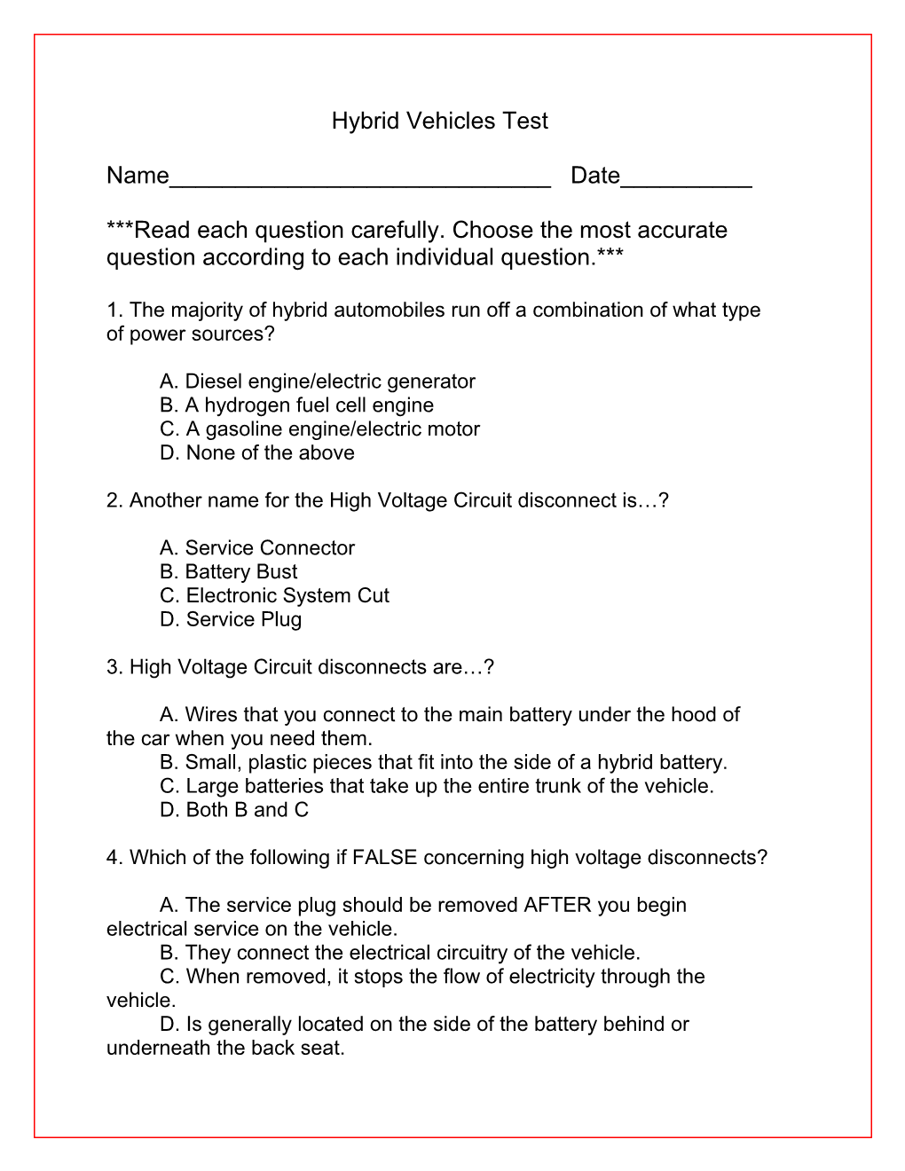 Hybrid Vehicles Test