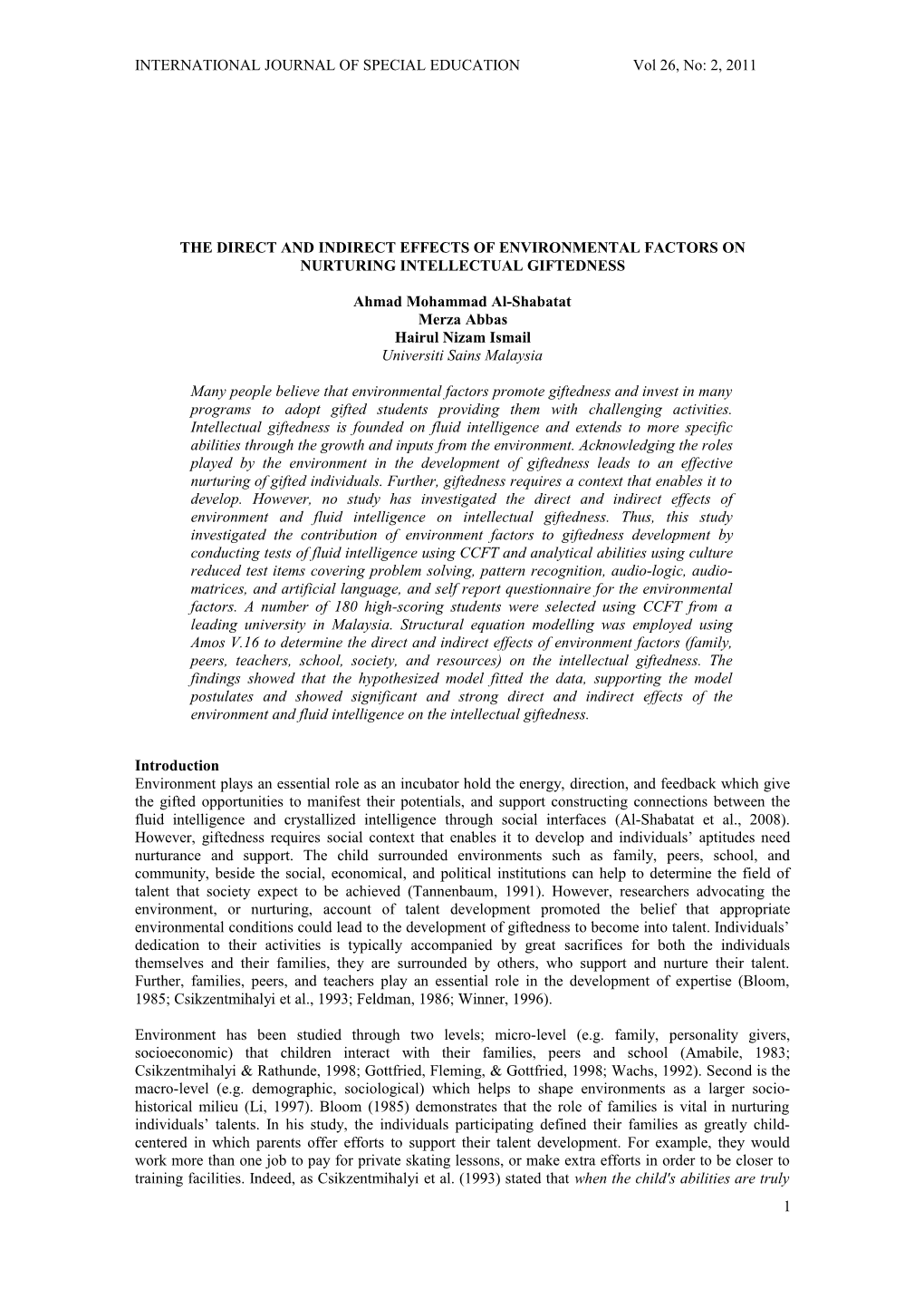 The Direct and Indirect Effects of Environmental Factors on Nurturing Intellectual Giftedness