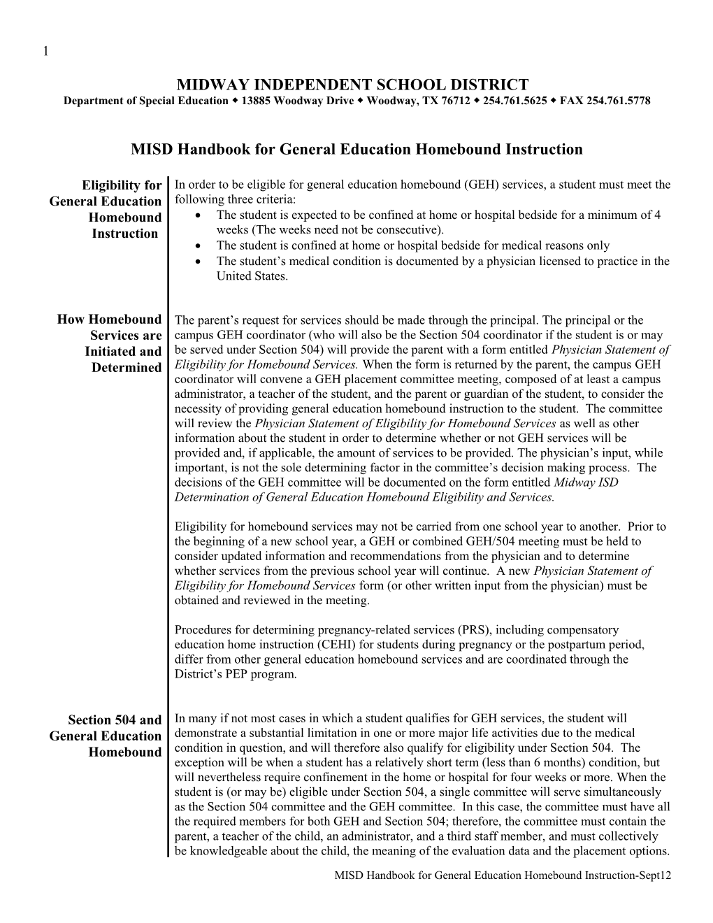 MISD Handbook for General Education Homebound Instruction