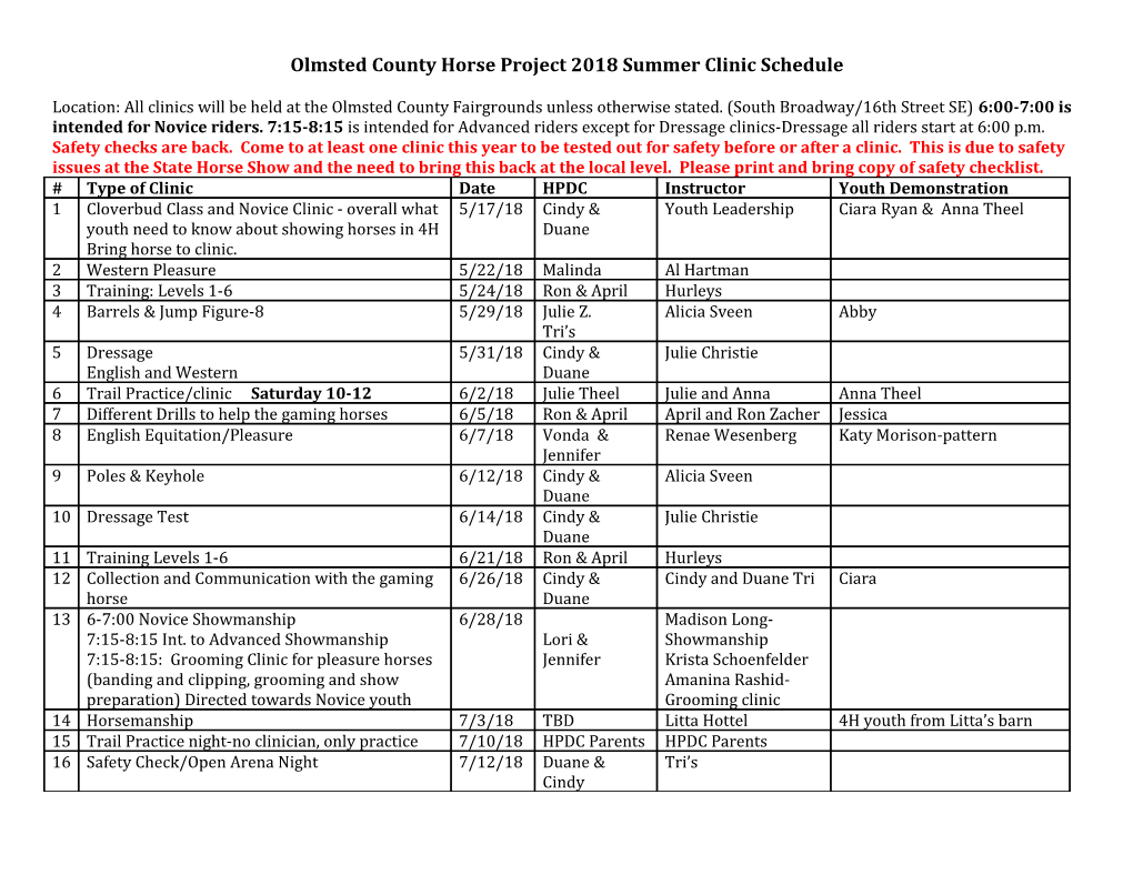 Olmsted County Horse Project 2018 Summer Clinic Schedule