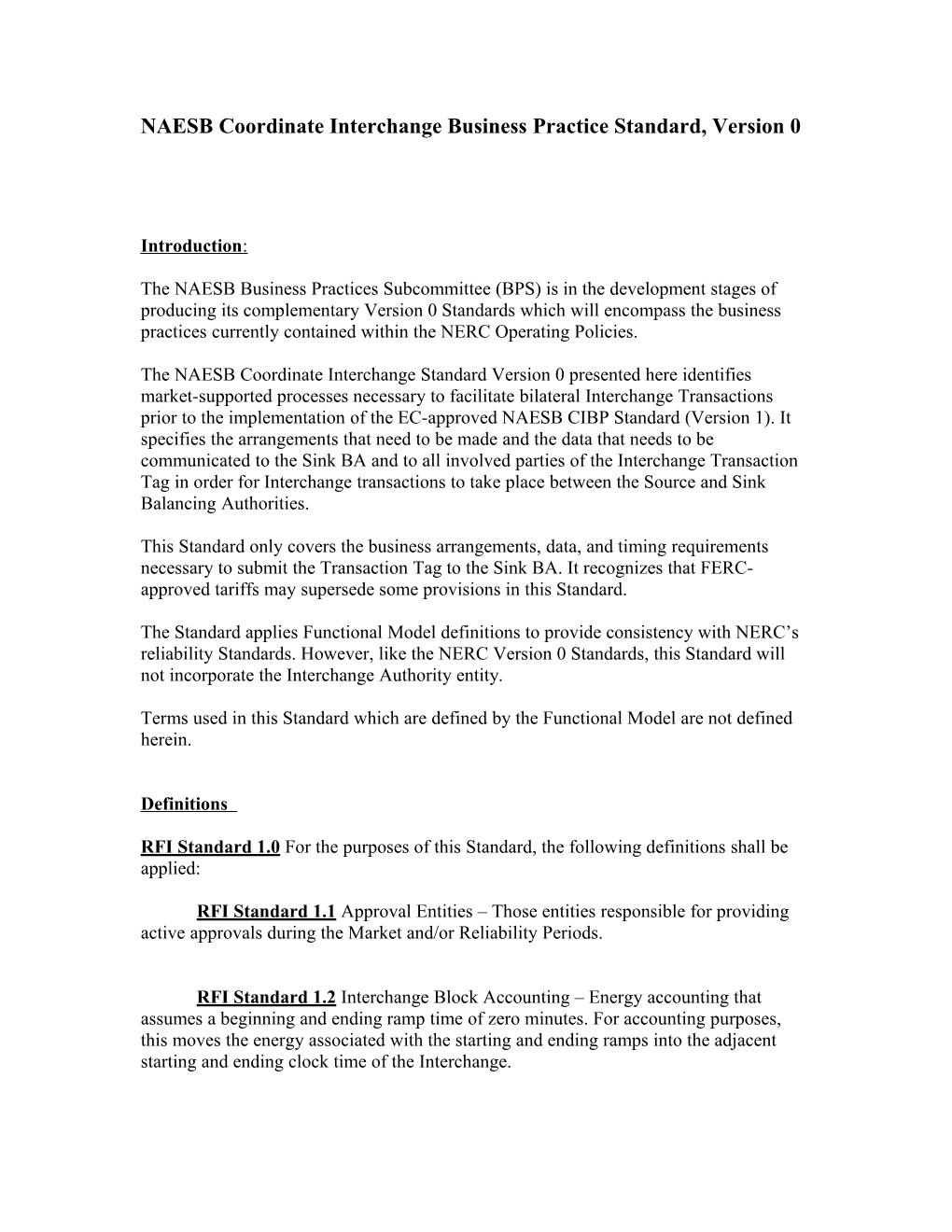 NAESB Coordinate Interchange Business Practice Standard, Version 0