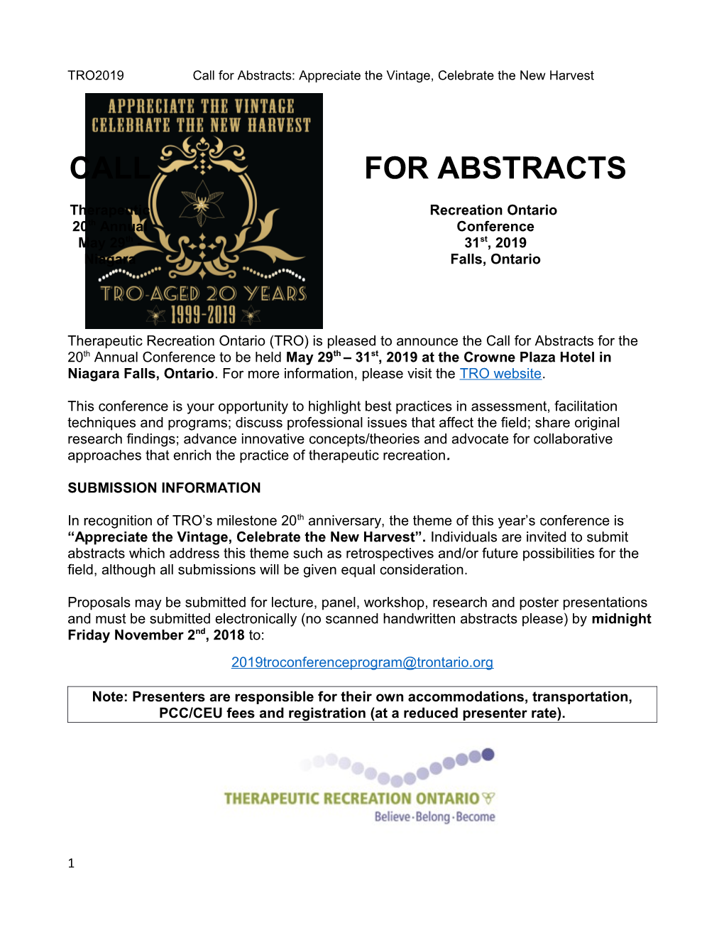 TRO2019 Call for Abstracts: Appreciate the Vintage, Celebrate the New Harvest