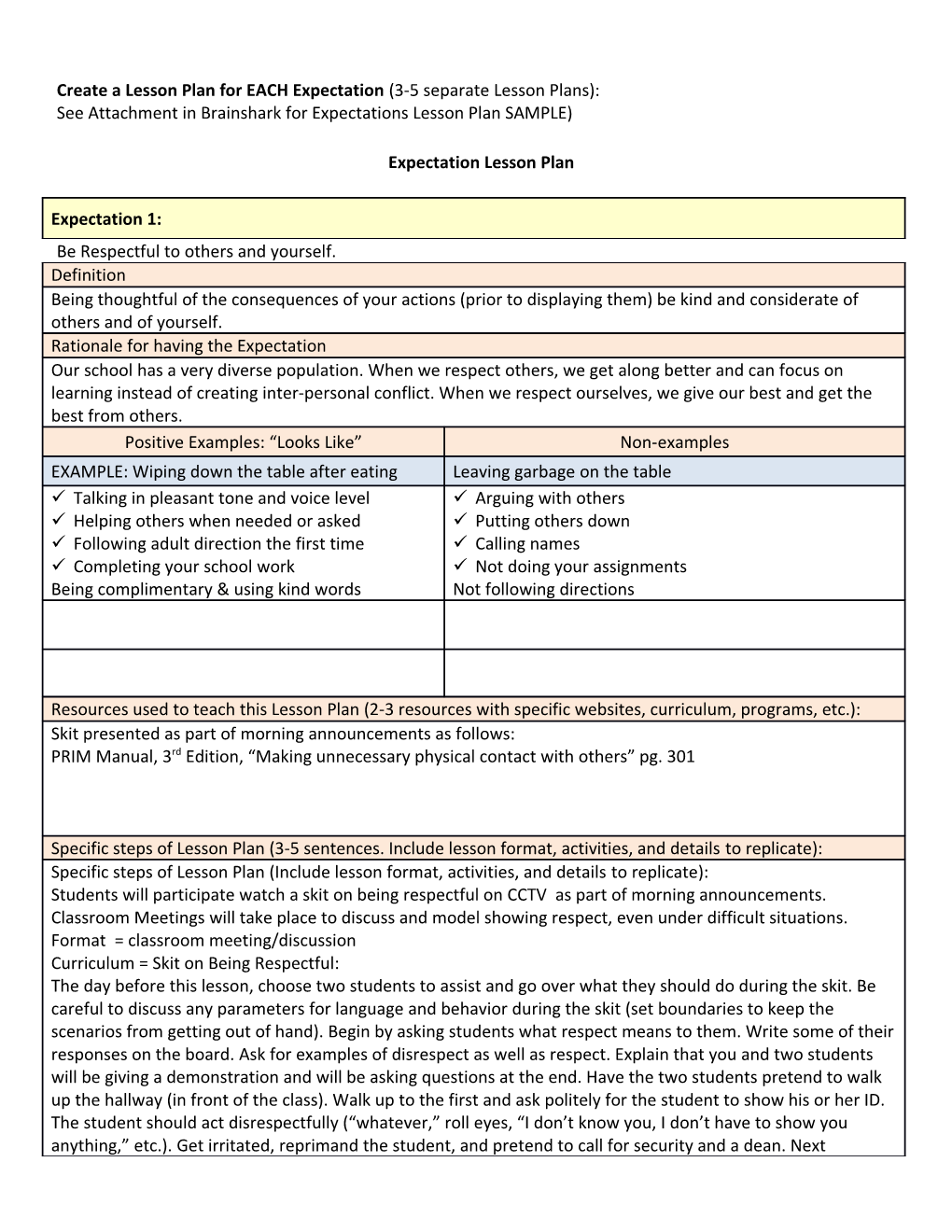 See Attachment in Brainshark for Expectations Lesson Plan SAMPLE)