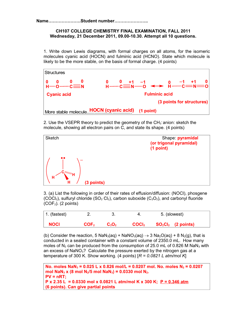 Ch107 College Chemistry Final Examination, Fall 2011