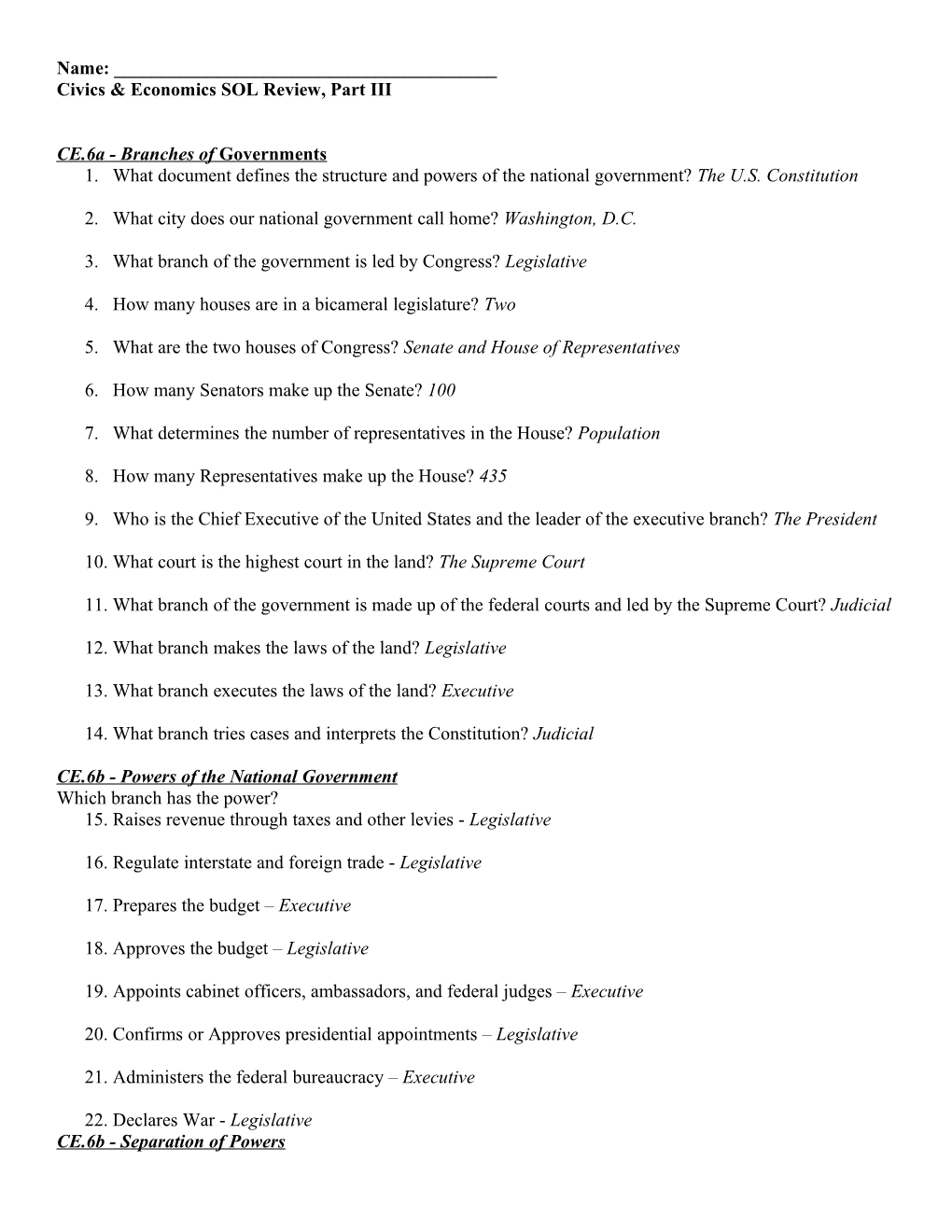 Civics & Economics SOL Review, Part III