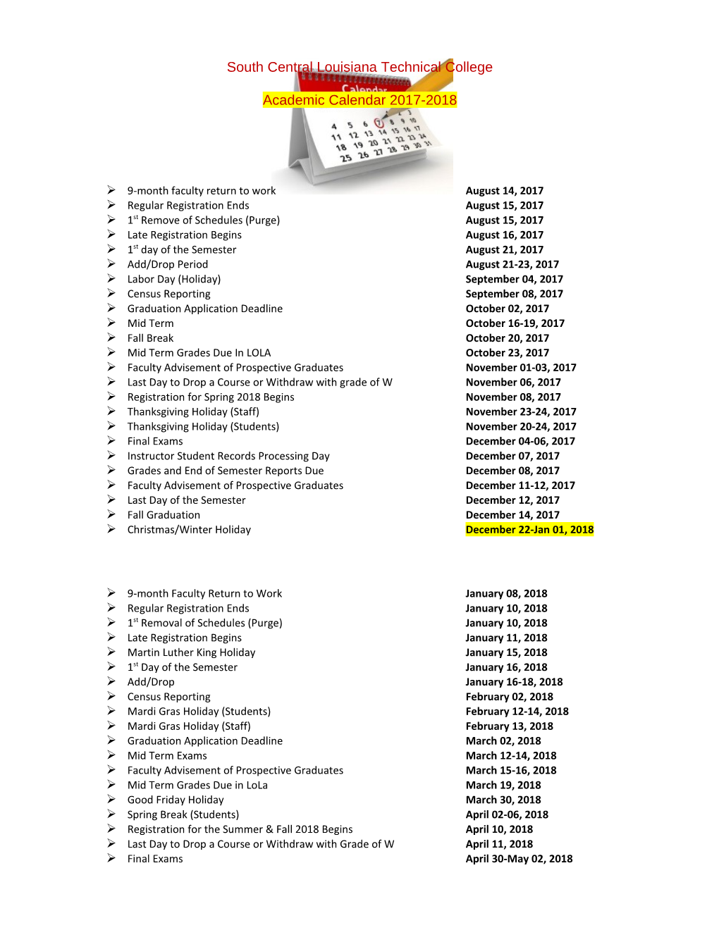 Academic Calendar 2017-2018