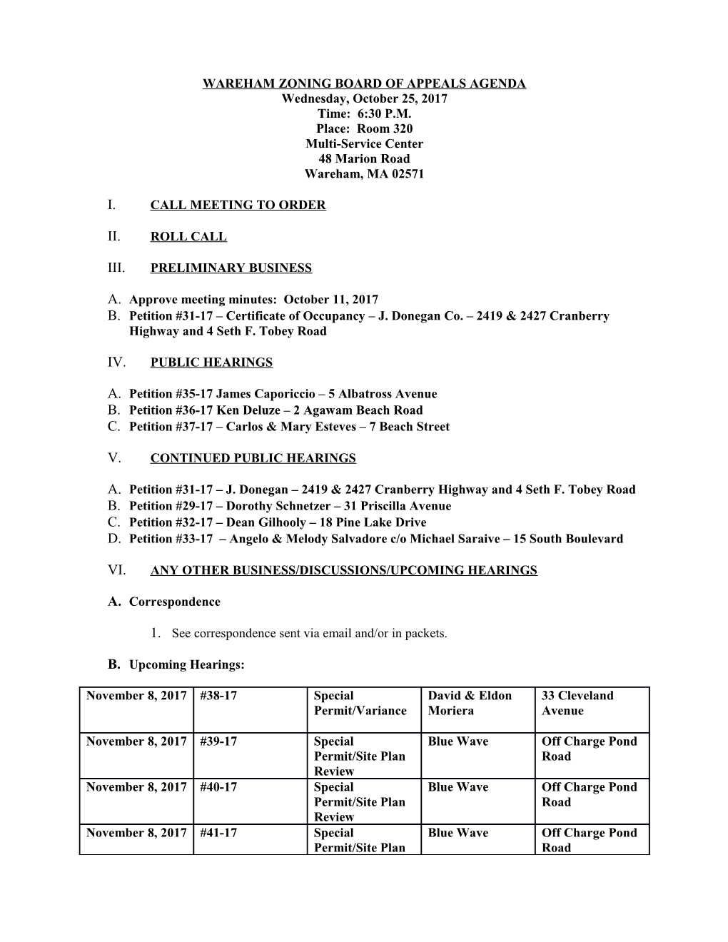 Wareham Zoning Board of Appeals Agenda