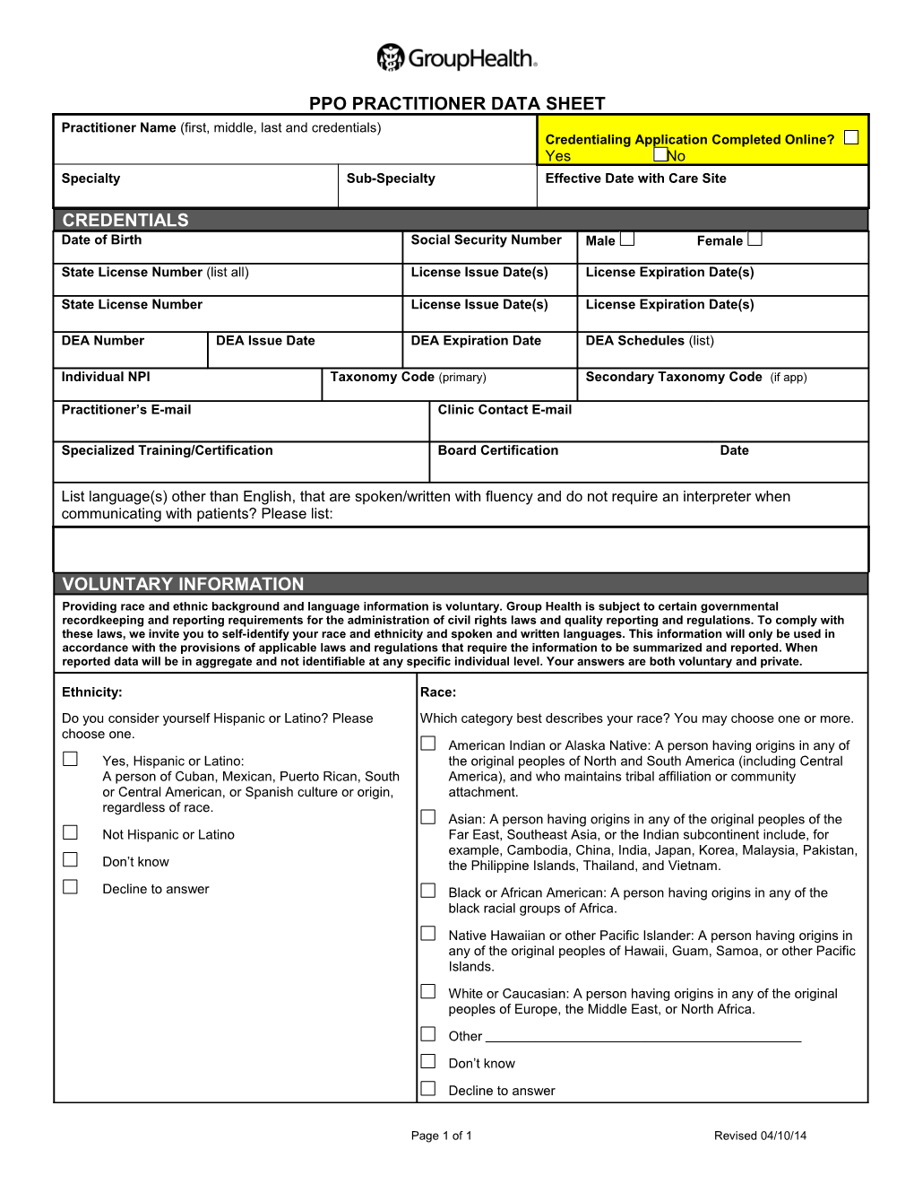 PPO Practitioner Data Sheet Group Health