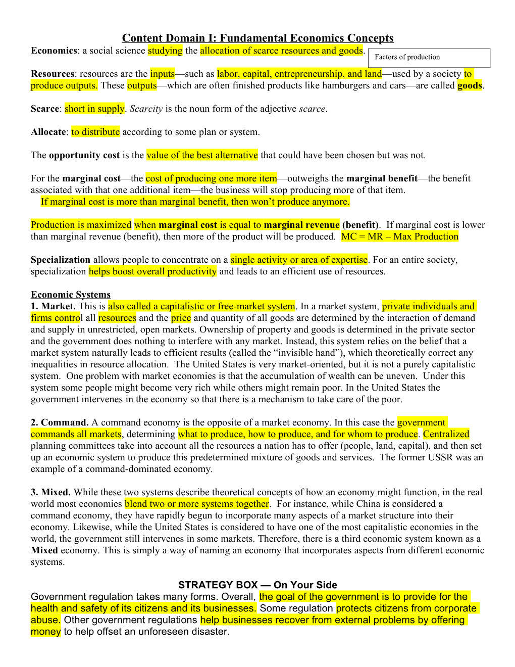 Content Domain I: Fundamental Economics Concepts