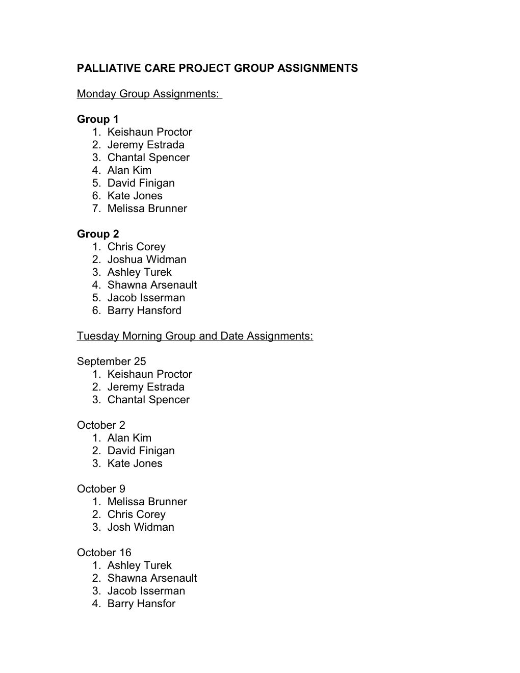 Palliative Care Project Group Assignments